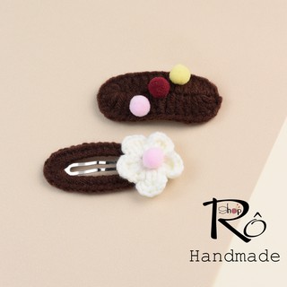 Set 2 kẹp tóc bông hoa nhỏ và pom pom cho nữ và bé gái 5cm |Cặp tóc len xinh xắn |Shop Rô Handmade