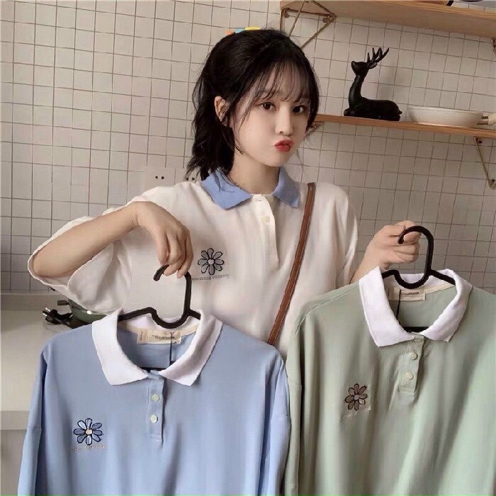 Áo polo nữ tay lỡ dáng rộng màu trắng xanh - polo hoa