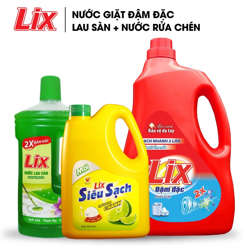 COMBO 36 gồm Nước giặt LIX hương hoa 2kg + Nước rửa chén LIX siêu sạch chanh 1.4kg + Nước lau sàn LIX nắng hạ 1 lít