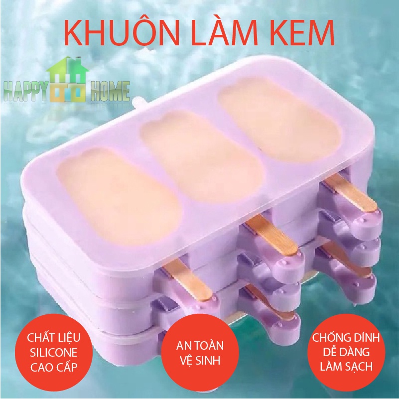 Khuôn Làm Kem,Khay Làm Kem Silicon Dẻo Y Tế Không Độc Hại - Có Sẵn Nắp - Tặng Kèm 50 Que Gỗ
