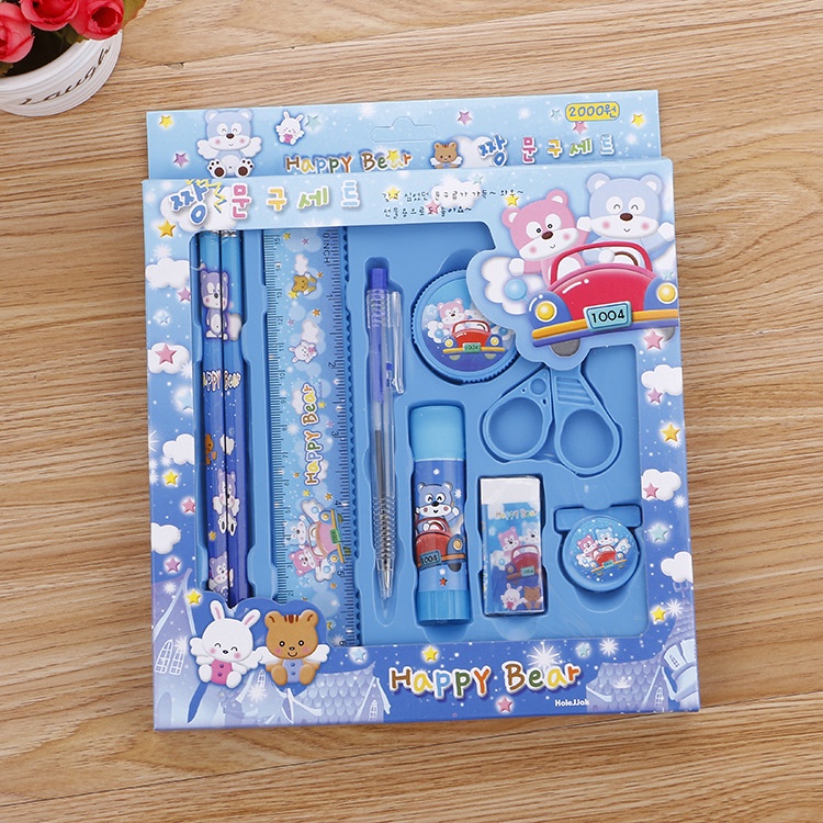Bộ 9 dụng cụ học tập bút chì, kéo, bút bi, thước