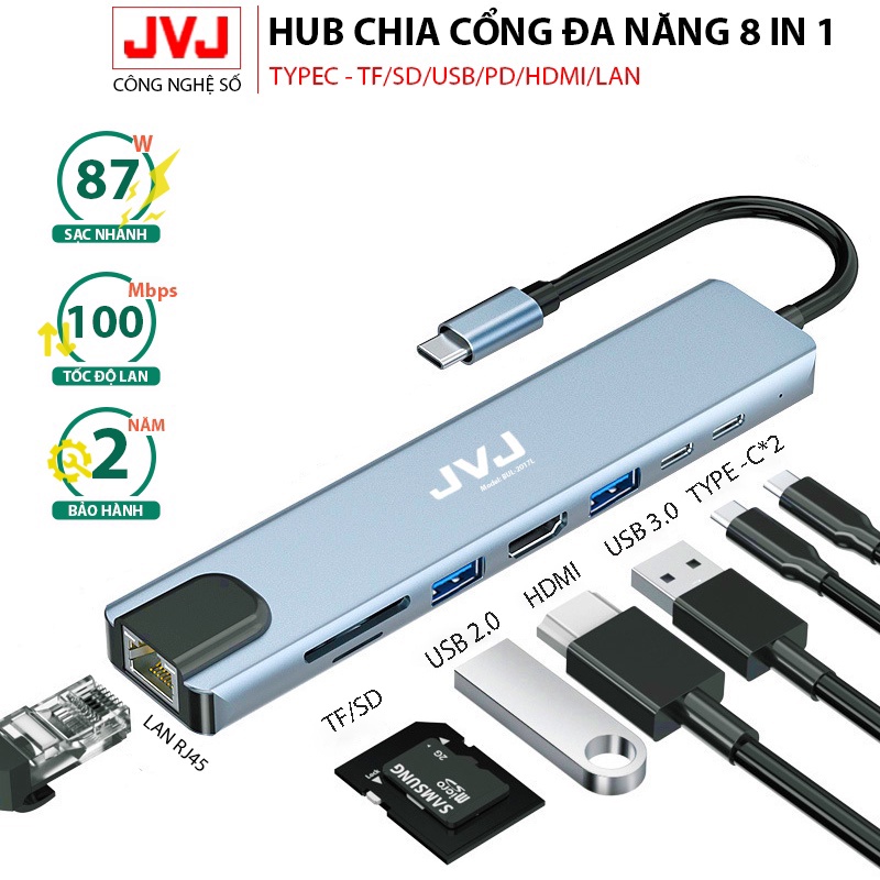 Hub type C chuyển đổi JVJ C8/C6 Plus/C4 với cổng kết nối Type C chia cổng USB, HDMI,Cổng Lan, VGA - Bảo Hành 2 năm