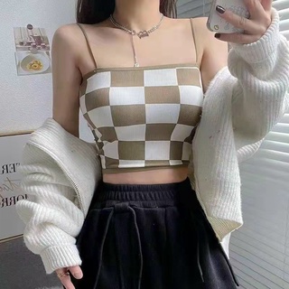 Áo len nữ hai dây kẻ ô, mongtoghi style hàn quốc cực teen