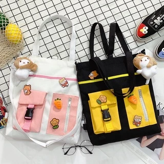 Túi tote đeo vai vải bố học sinh phong cách ulzzang phối túi hộp