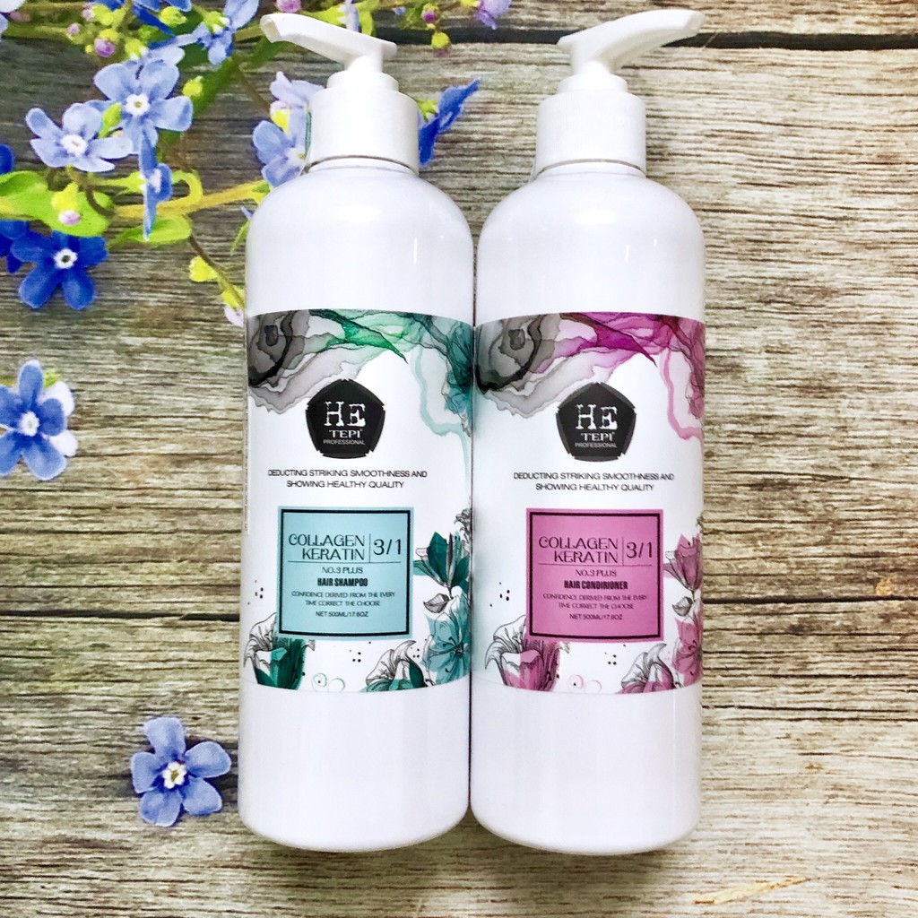 [Thanh lý][Hetepi] Bộ dầu gội xả HE TEPI Collagen Keratin siêu mượt phục hồi tóc 3 in 1 500ml