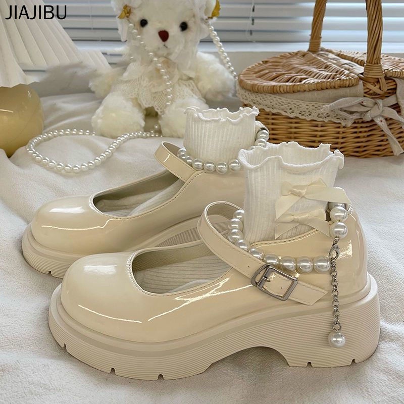 Size 35-44 Giày Lolita Màu Đen Phong Cách Hàn Quốc Thời Trang Giày Nữ Cỡ Lớn Giày Da Học Sinh Japanese Versatile Lolita Mary Jane Shoes British College Style Platform Small Leather Shoes Giày Công Chúa Đế Mềm Ngọc Trai Pháp Giày Cosplay Beige Doll Shoes