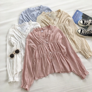 Áo Sơ Mi Nữ Tay Dài Phối Bèo Phong Cách vintage Hàn Quốc