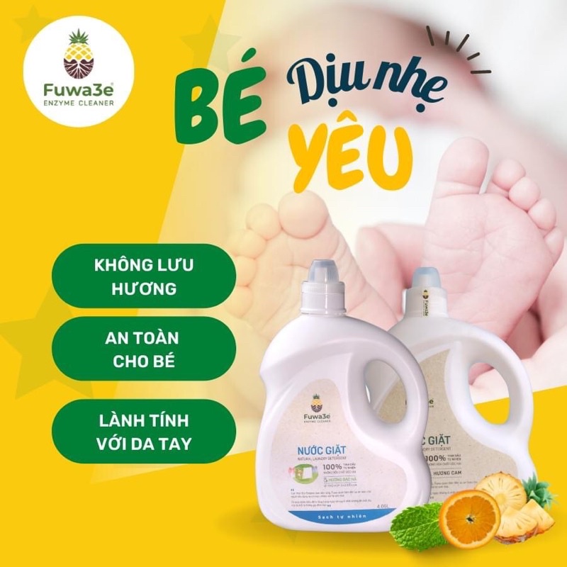 Nước giặt Fuwa3e hữu cơ ENZYME 100% organic từ Enzyme sinh học 4L, 1L an toàn cho bé, giặt đồ lót