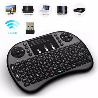 Bàn phím kiêm chuột không dây cho Tivi i8 có đèn thông minh, có đèn led 7 màu xài pin sạc wireless