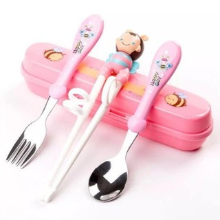 Bộ đũa thìa tập ăn xỏ ngón cao cấp kèm hộp đựng in hình ngộ nghĩnh cho bé