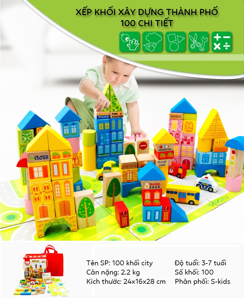 Mô tả Đồ chơi thông minh cho bé S-Kids, Bộ xếp hình khối xây dựng 100 chi tiết bằng gỗ. - 1