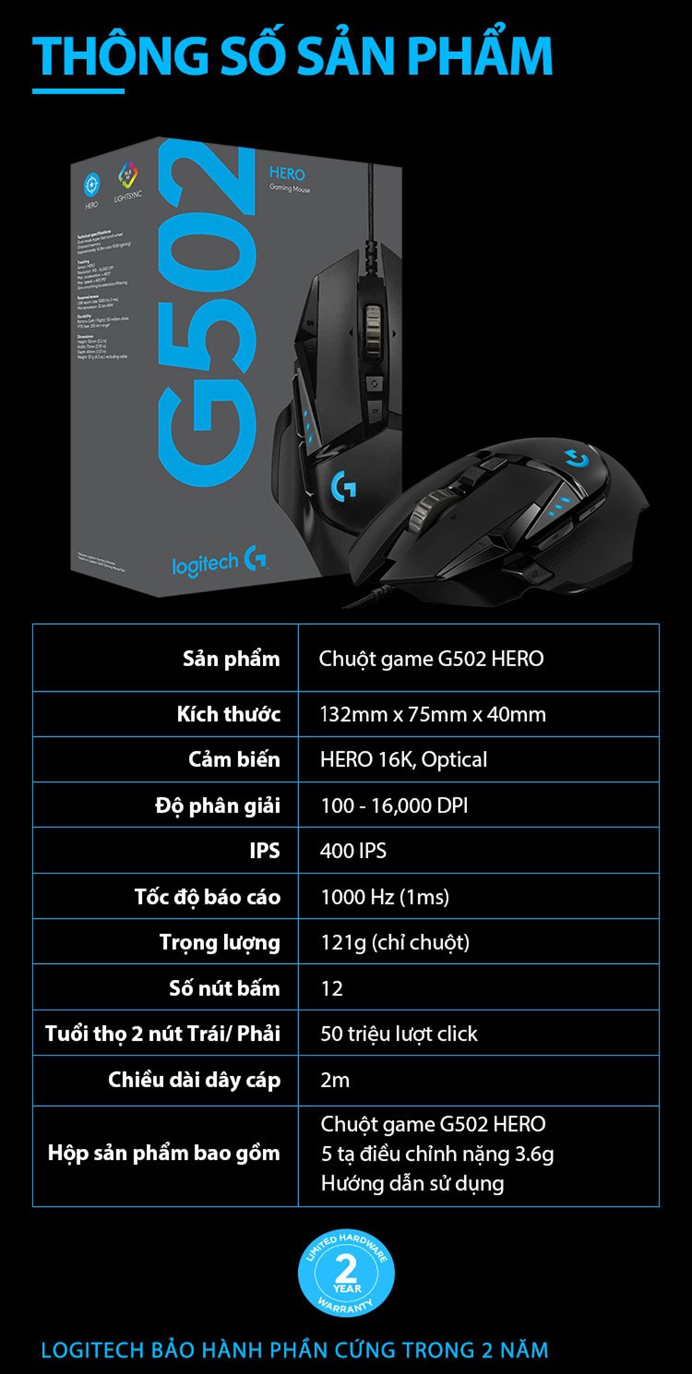Mô tả Chuột gaming có dây Logitech G502 Hero - Cảm biến Hero 25k, RGB, 11 nút lập trình - 8