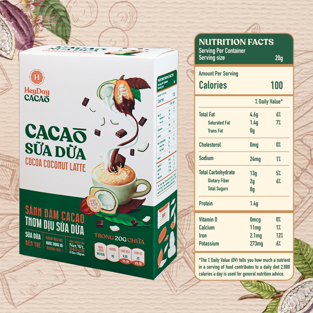 Ảnh Bột Cacao Sữa Dừa - Hộp Giấy 12 Gói Tiện Lợi 20g - Bột cacao sữa dừa tự nhiên, thuần chay - Heyday 2