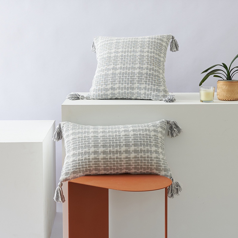 Vỏ Gối Tựa Lưng Sofa Đan Caro Bông Dệt Sợi Tua Rua Rustic