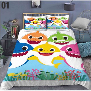 PS1 Hoạt Hình Bé Cá Mập 3in1 Bộ Chăn Ga Gối Chăn Gối Phòng Ngủ Thoải Mái Có Thể Giặt Được Bộ Đồ Gia Đình SP1