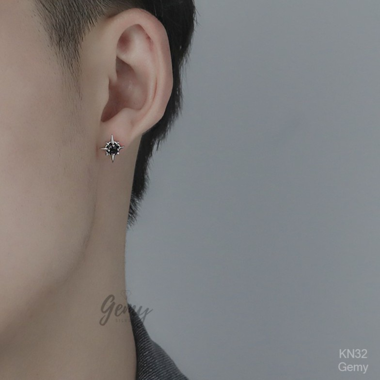 Khuyên tai nam nữ bạc 925 đính đá đen Dark King cá tính  unisex (1 chiếc) | GEMY SILVER KN32