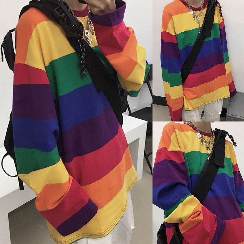 Áo Thun Tay Dài Cổ Tròn In Họa Tiết Sọc Cầu Vồng Phong Cách Harajuku Hàn Quốc Cho Nữ