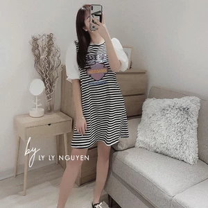 Váy kẻ xuông Phối Tay Voan