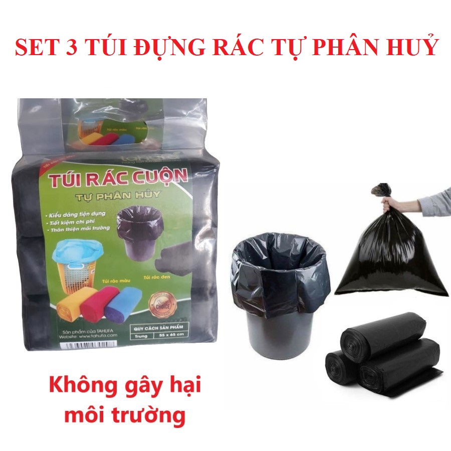 Sét 3 cuộn túi đựng rác màu đen tự phân huỷ