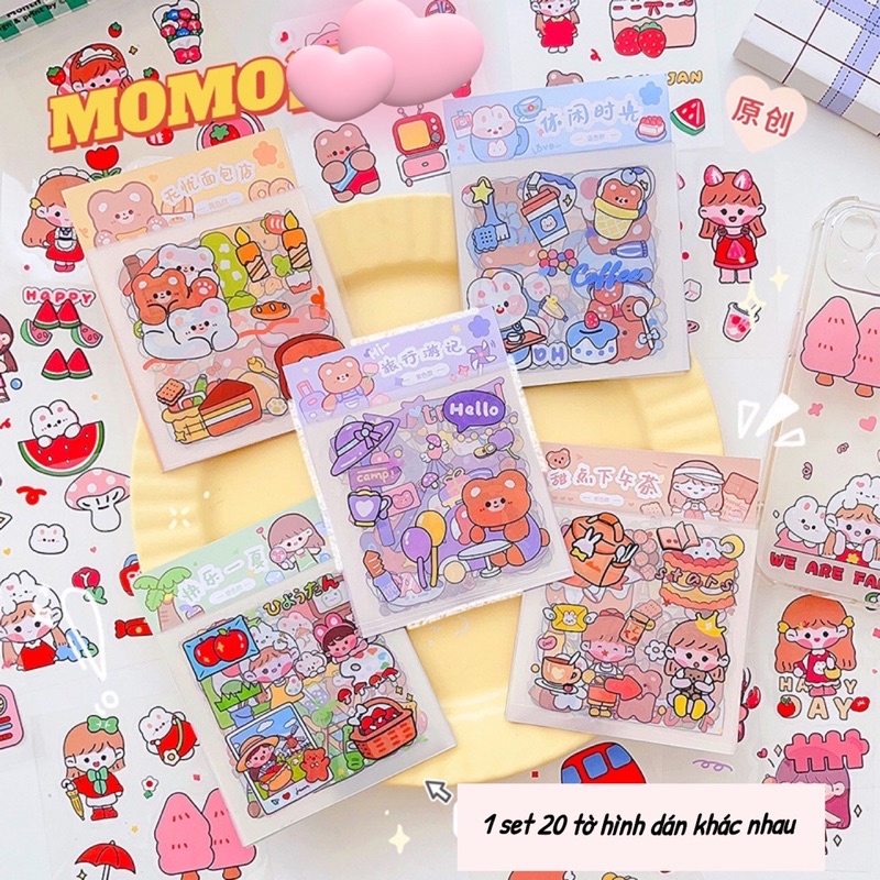 Set 20 tấm 100 miếng sticker hoạ tiết hoạt hình dễ thương, trang trí sổ ...