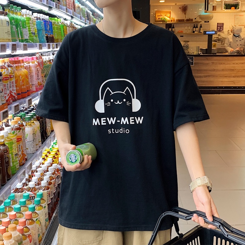 Áo Thun Tay Lỡ HappyFamily In Hình Chú Mèo Đáng Yêu Mew Mew Studio Chất vải cotton 100 cao cấp