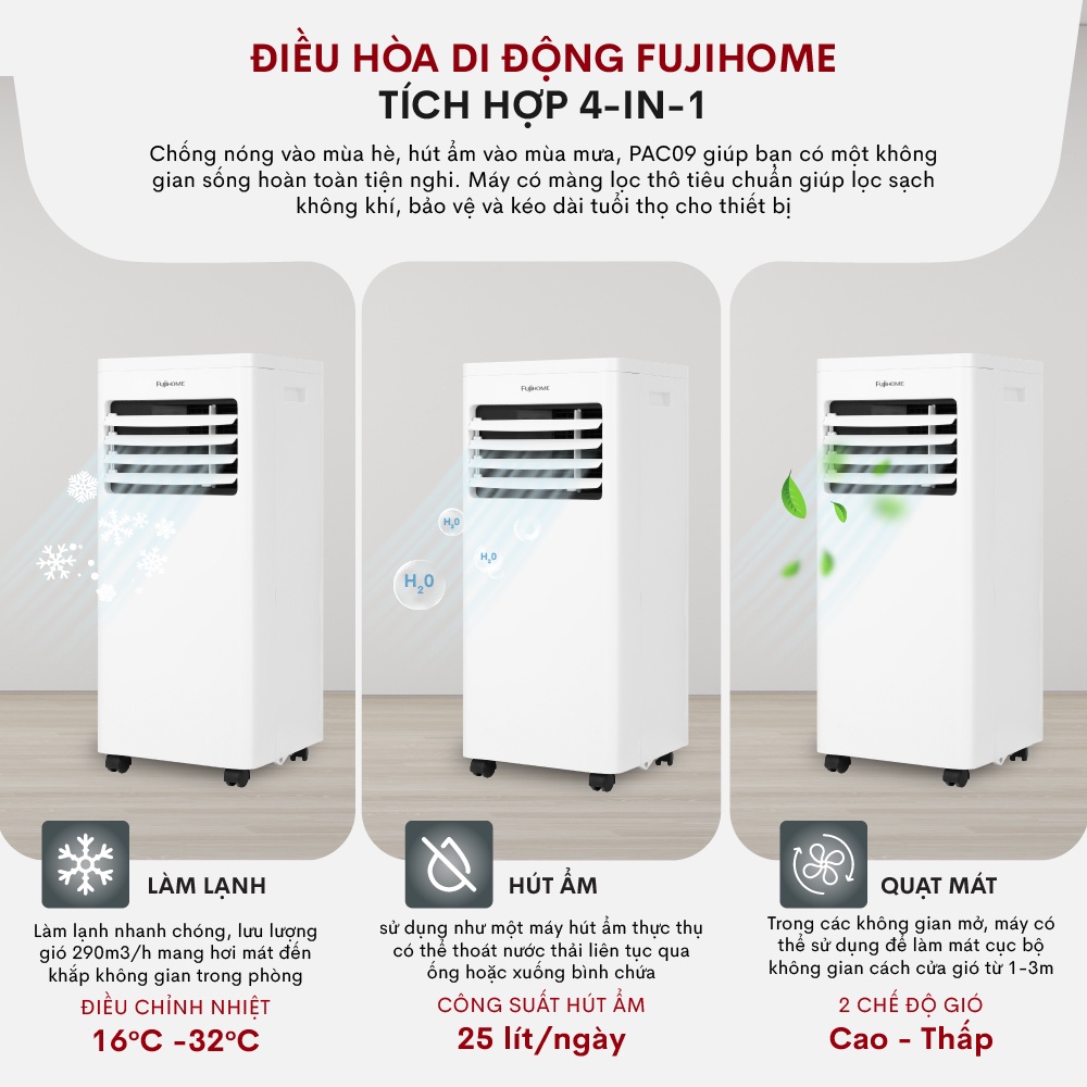 Máy lạnh mini FUJIHOME tích hợp hút ẩm và lọc không khí