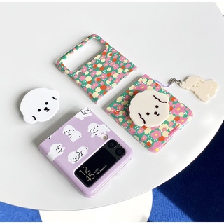 3-color folding phone leather case with flower / puppy / korean green / purple / green pattern printing 3 tùy chọn cho mili / galaxy z flip5