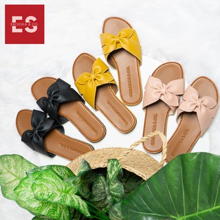 Dép nữ thời trang đế bằng Erosska đính nơ đế bệt màu vàng ver 2 - DE027