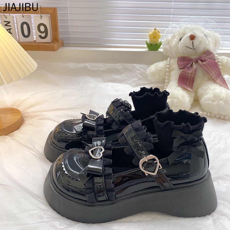 Black Love Doll Shoes Giày Công Chúa Phong Cách Gothic Dễ Thương Giày Nữ Giày Lolita Nhật Bản Giày Mary Jane Thời Trang Hàn Quốc Giày Búp Bê Phối Ren Xinh Xắn Giày Muffin Phong Cách Anh Giày đồng Phục JK Nhật Bản Giày Cosplay Giày Nhảy Y2K Giày Dopamin