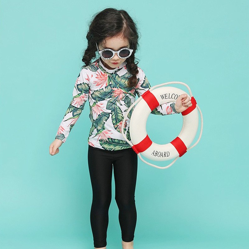 Đồ bơi trẻ em dài tay cho bé gái kèm quần dài lá xanh siêu xinh SPORTY