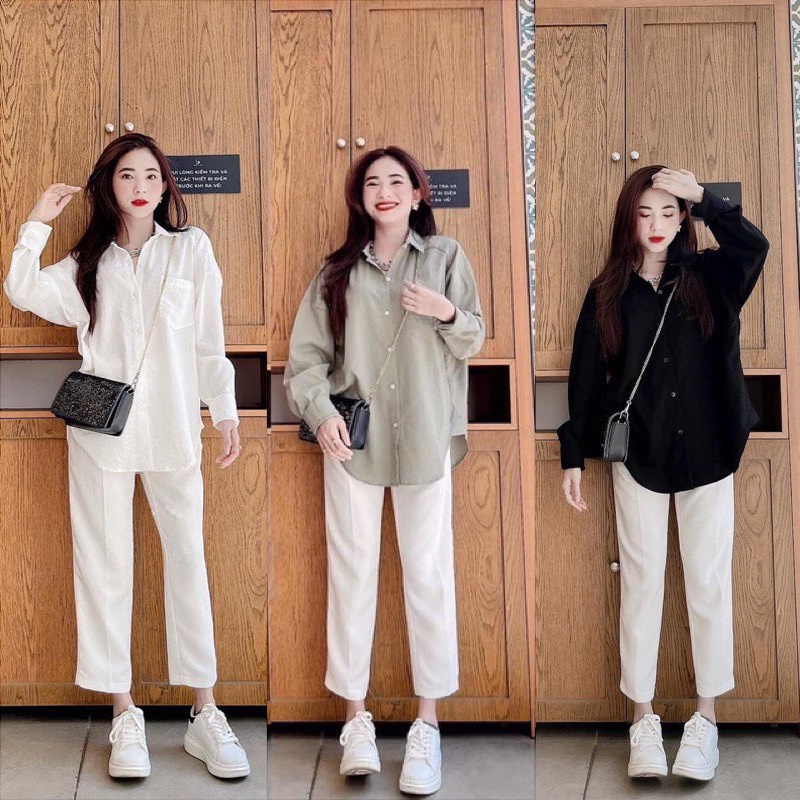 SQ004 Bộ áo sơ mi 6 màu và quần Culottes trắng, bộ áo dài tay có túi ngực mix quần suông ulzzang phong cách, cá tính