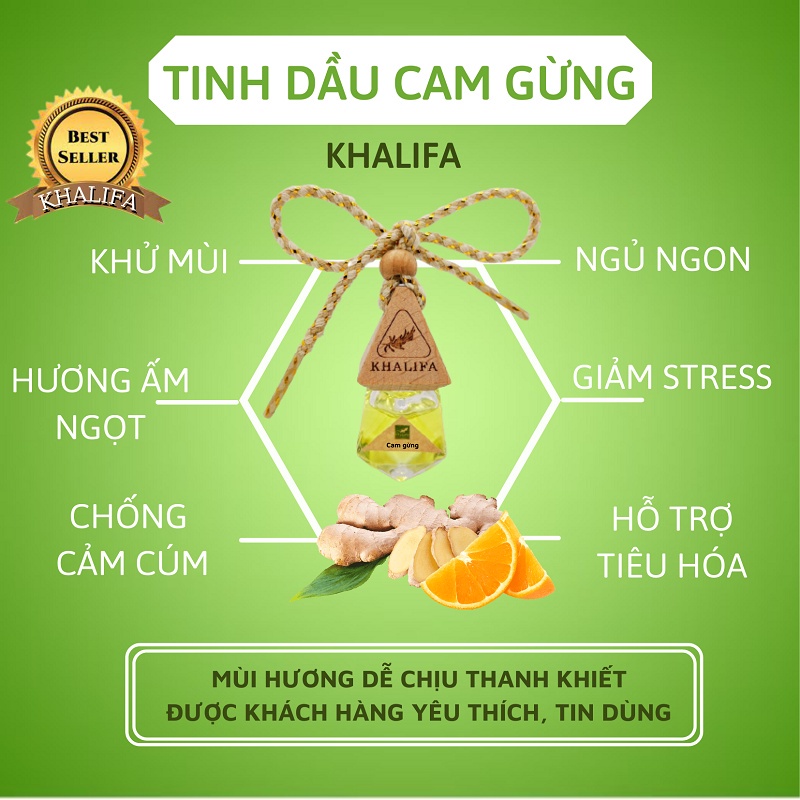 Tinh Dầu Cam Gừng Nguyên Chất Khalifa 50ml Tốt Cho Da Giảm Stress Khử Mùi Chống Say Xe Hàng Chính Hãng