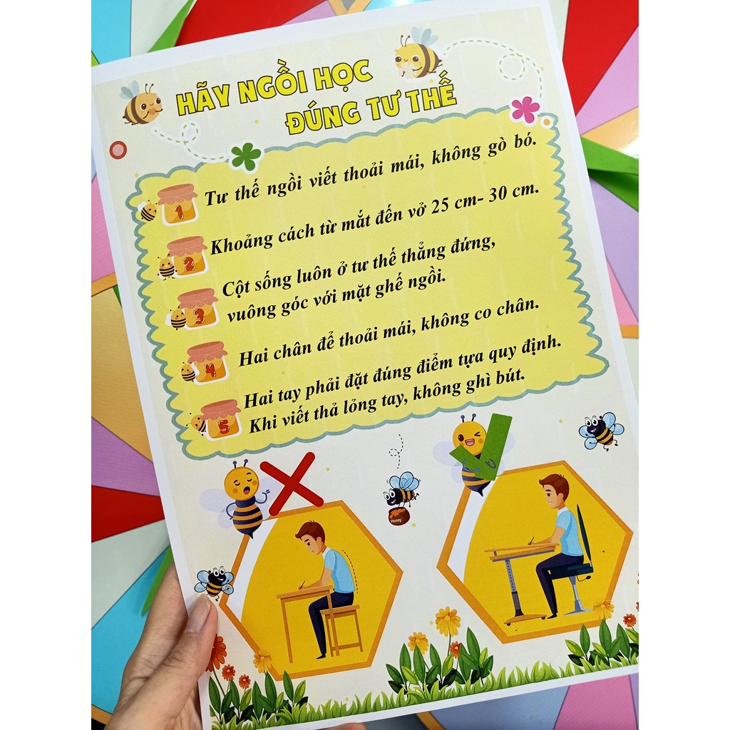 Bảng NGỒI HỌC ĐÚNG TƯ THẾ mẫu chú ong chăm chỉ (Đồ Dùng Dạy Học Miki)
