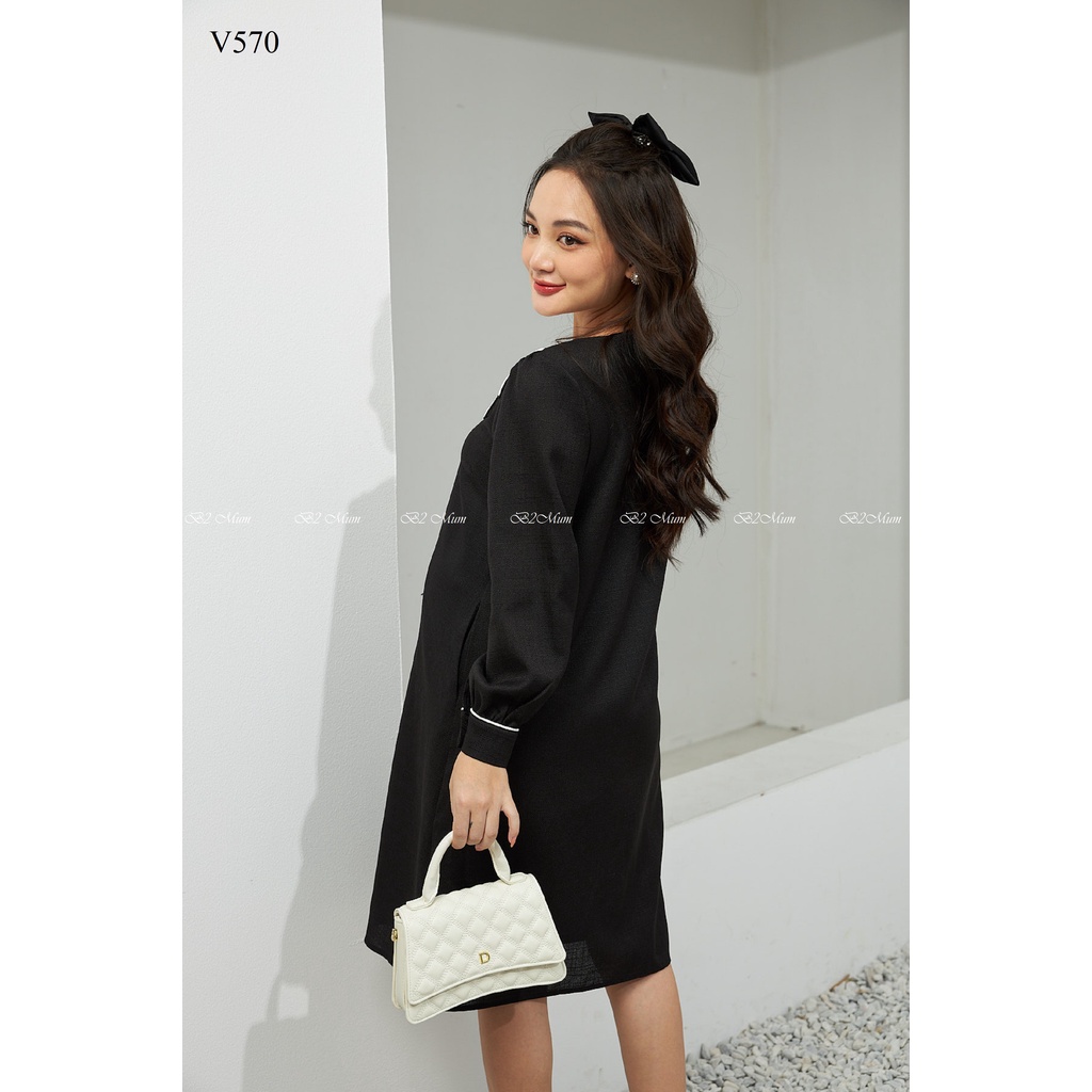 V570 Váy dạ text phối cổ đen