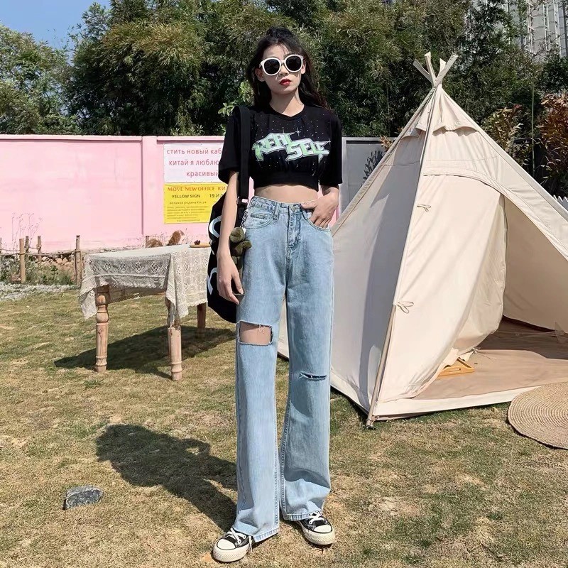 Ảnh Quần jeans lưng cao thiết kế xẻ rách thời trang cá tính 1