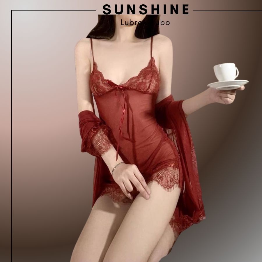 Sét Váy ngủ sexy kèm áo choàng voan xuyên thấu gợi cảm đỏ đô-SUNSHINE CT1083