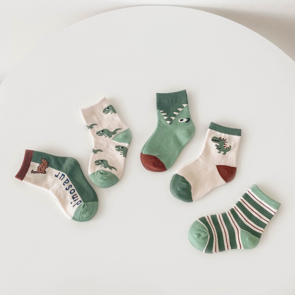 Set 5 đôi tất hình khủng long 💚CAM KẾT CHUẨN💚TẤT TRẺ EM Vớ coton cổ cao kẻ sọc ngang màu xanh lá cho bé 1-8 tuổi(   HÓT)
