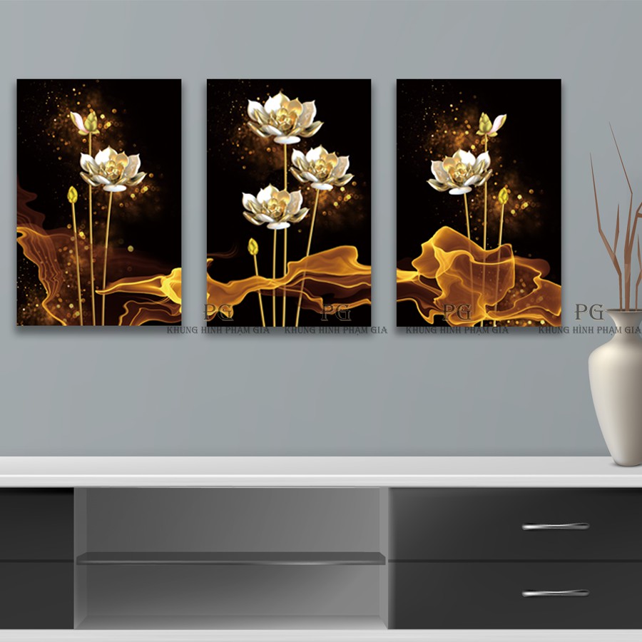 Bộ tranh canvas/tranh treo tường hoa sen vàng treo phòng khách ...