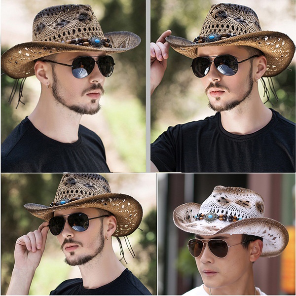 Ống hút mũ cao bồi phương Tây - Bohemia thoáng khí rỗng - Bãi biển mùa hè Mặt trời rộng vành Fedora Trilby Mũ chống nắng rơm