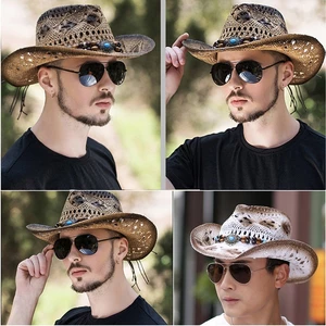 Ống hút mũ cao bồi phương Tây - Bohemia thoáng khí rỗng - Bãi biển mùa hè Mặt trời rộng vành Fedora Trilby Mũ chống nắng rơm