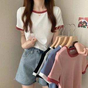 Áo thun nữ SUXI dáng croptop tay ngắn cổ tròn phối màu đơn giản thời trang mùa hè Hàn Quốc
