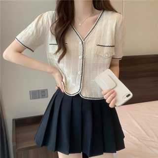 Áo len viền zic zac khuy ngọc, nắp túi, cadigan 240