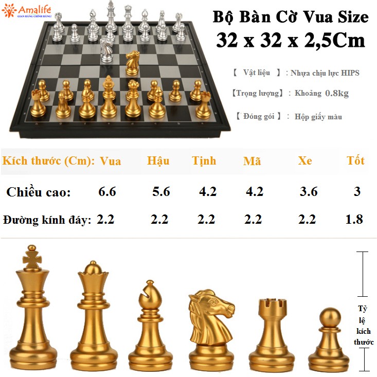 Ảnh Bộ Cờ Vua Nam Châm Cao Cấp Nhiều Size Phủ Nhũ Màu Vàng Màu Bạc Chính Hãng Amalife 4