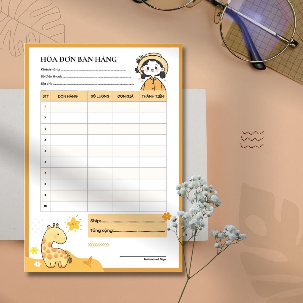 Hóa đơn bán hàng, Hoá đơn bán lẻ giấy  photo, phiếu ghi đơn hàng hoạt ảnh cực cute size 21x14.5cm
