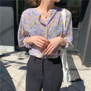 Phong cách hàn quốc nữ nữ dáng rộng voan hoa áo sơ mi dài tay baju baju wanita lengan panjang
