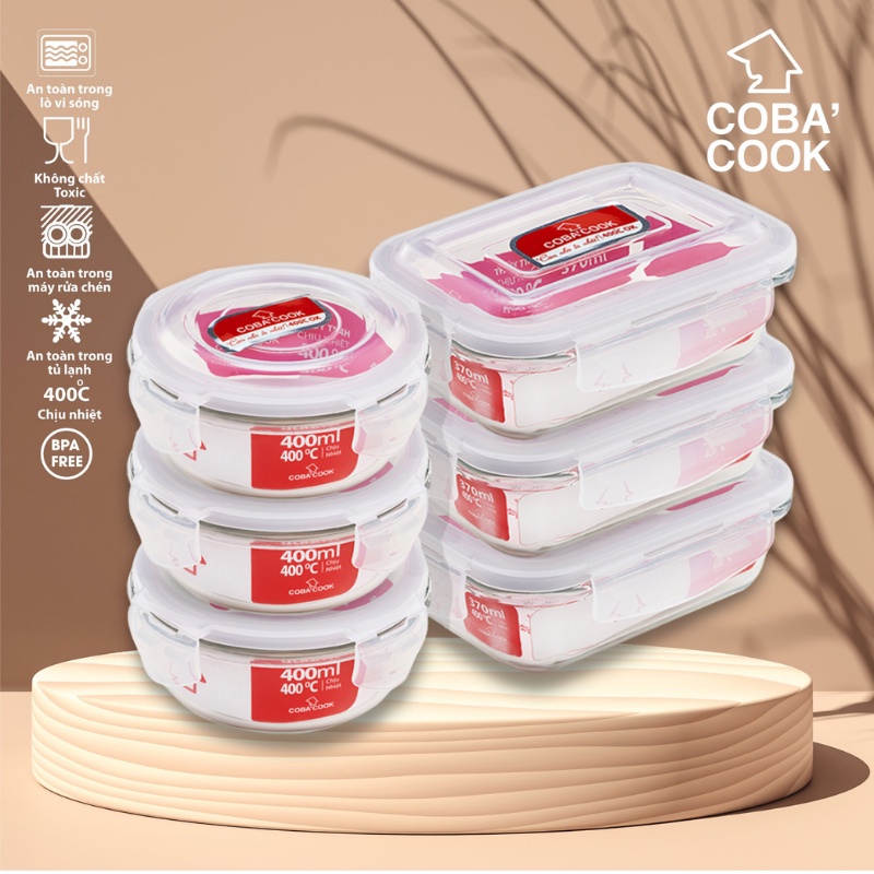 Ảnh Bộ 6 hộp thủy tinh đựng thực phẩm COBACOOK 3 hình tròn 400ml và 3 chữ nhật 370 ml- CCR4L36 2