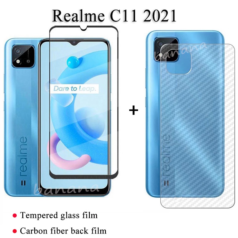 Kính cường lực 2in1 cho Realme C11 2021 C25s Bảo vệ màn hình kính cường lực toàn diện + Phim mặt sau bằng sợi Carbon