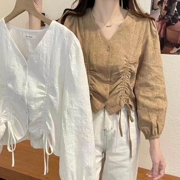 Áo Sơ Mi Nữ Dây Rút Dài Tay Cổ Chữ V Phong Cách Hàn Quốc Baju Baju ...