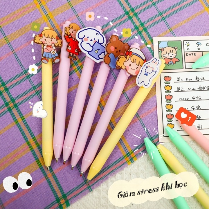 Bút bi cute nước xanh đen tùy đợt hàng bấm màu gel gắn kèm sticker cứng cưng sỉu