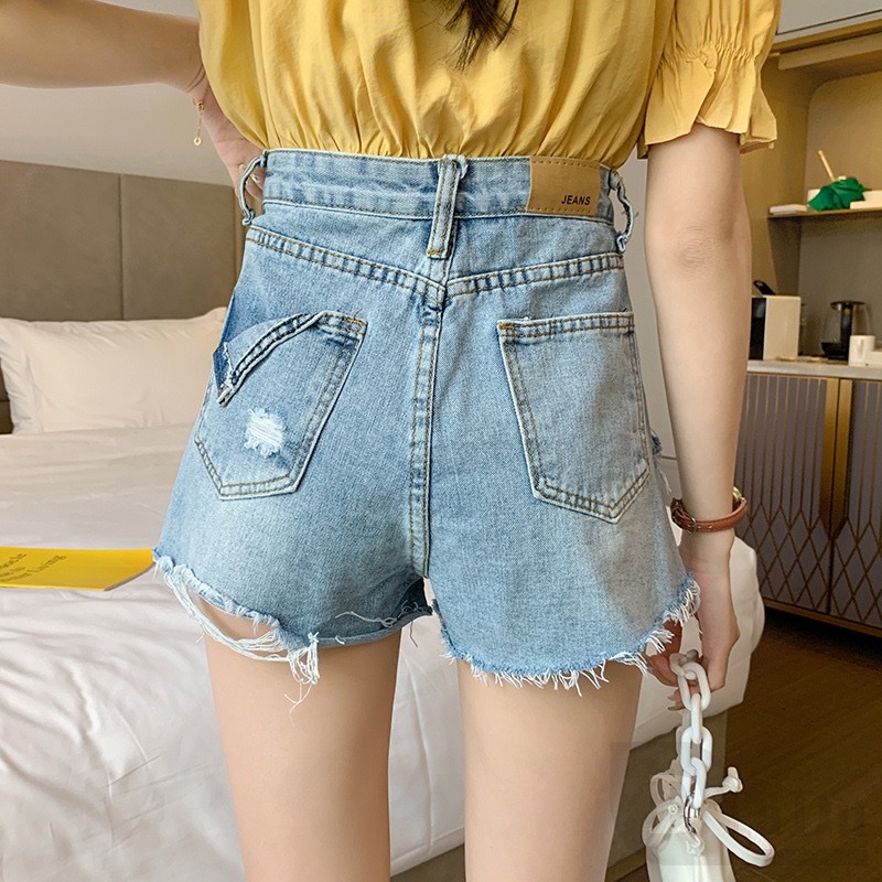 Ảnh Quần Short Jeans Denim Lưng Cao Phối Rách Cá Tính 4